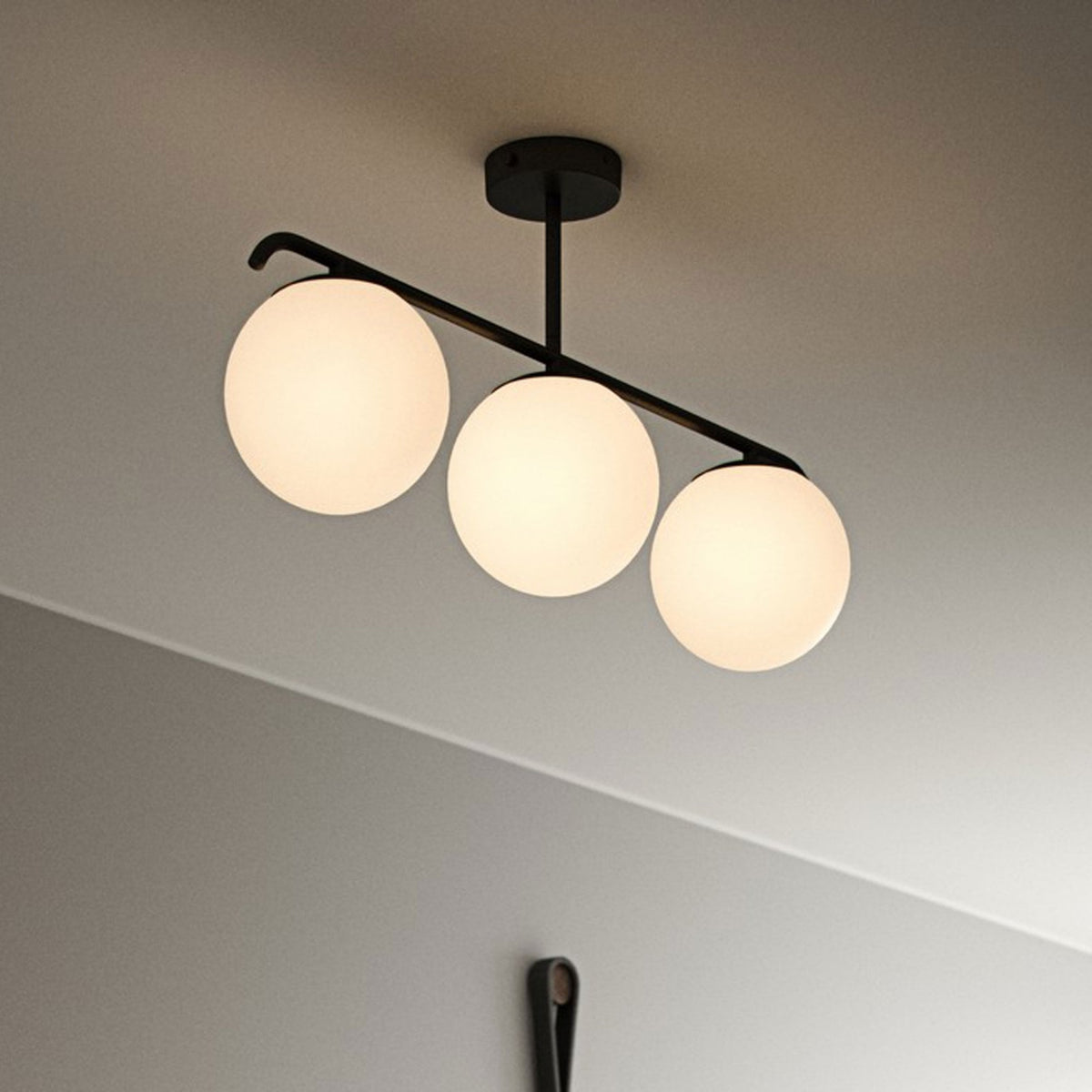 Grant Three Light Semi Flush Ceiling Light in Black With Opal Glass Shades