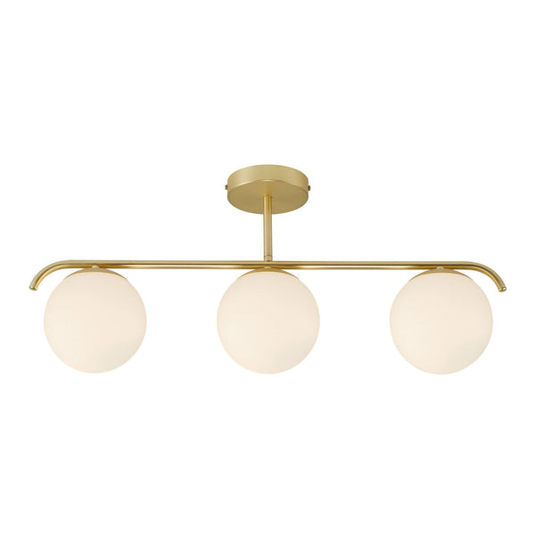 Grant Three Light Semi Flush Ceiling Light in Brass With Opal Glass Shades