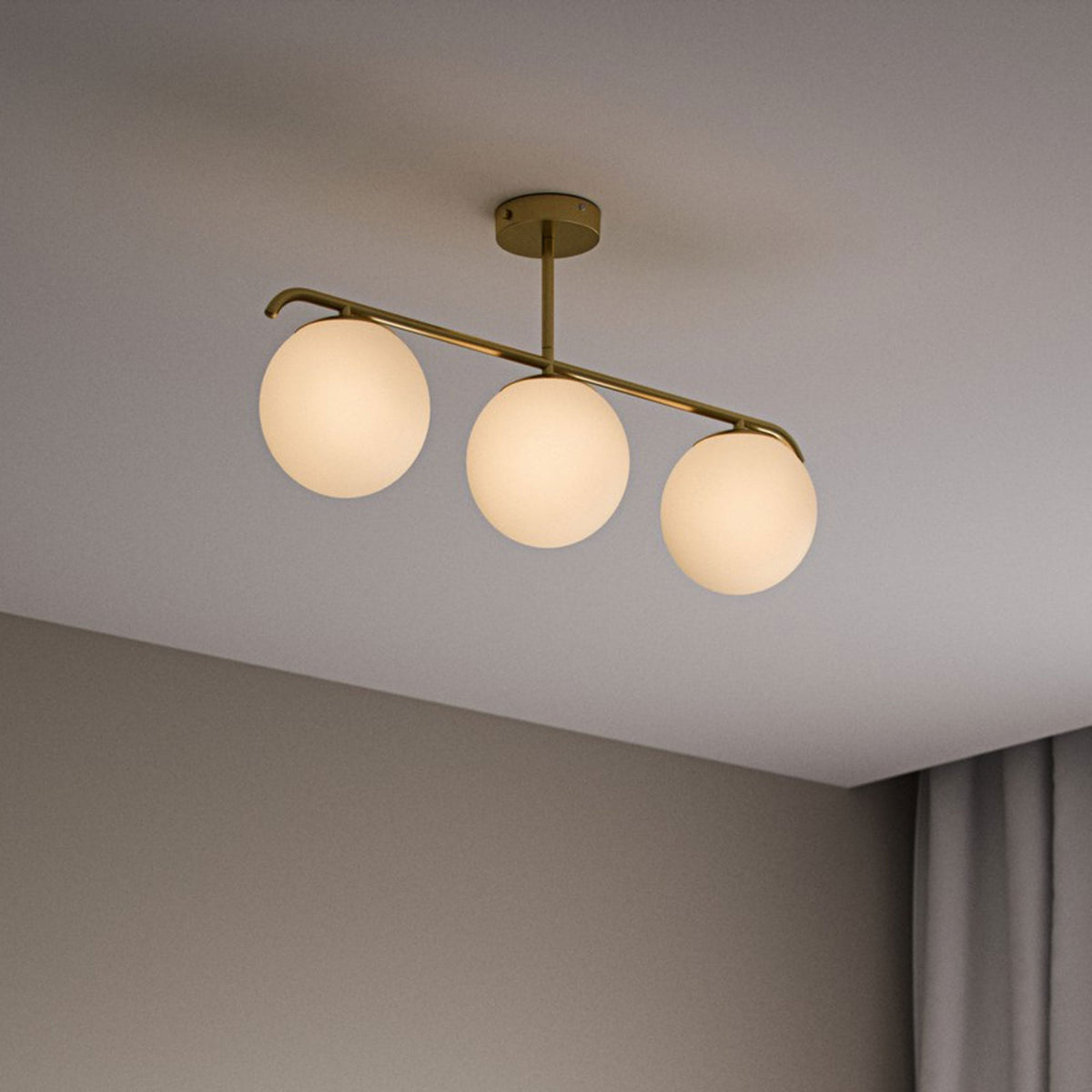 Grant Three Light Semi Flush Ceiling Light in Brass With Opal Glass Shades