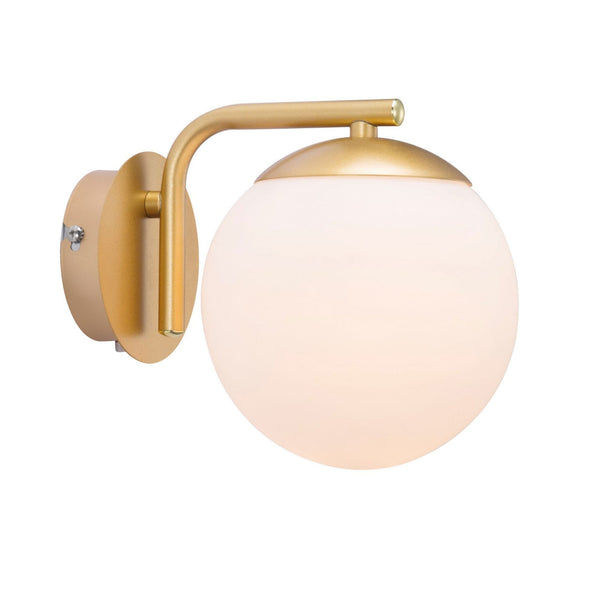 A close-up of a wall light with a frosted globe and brass fitting.
