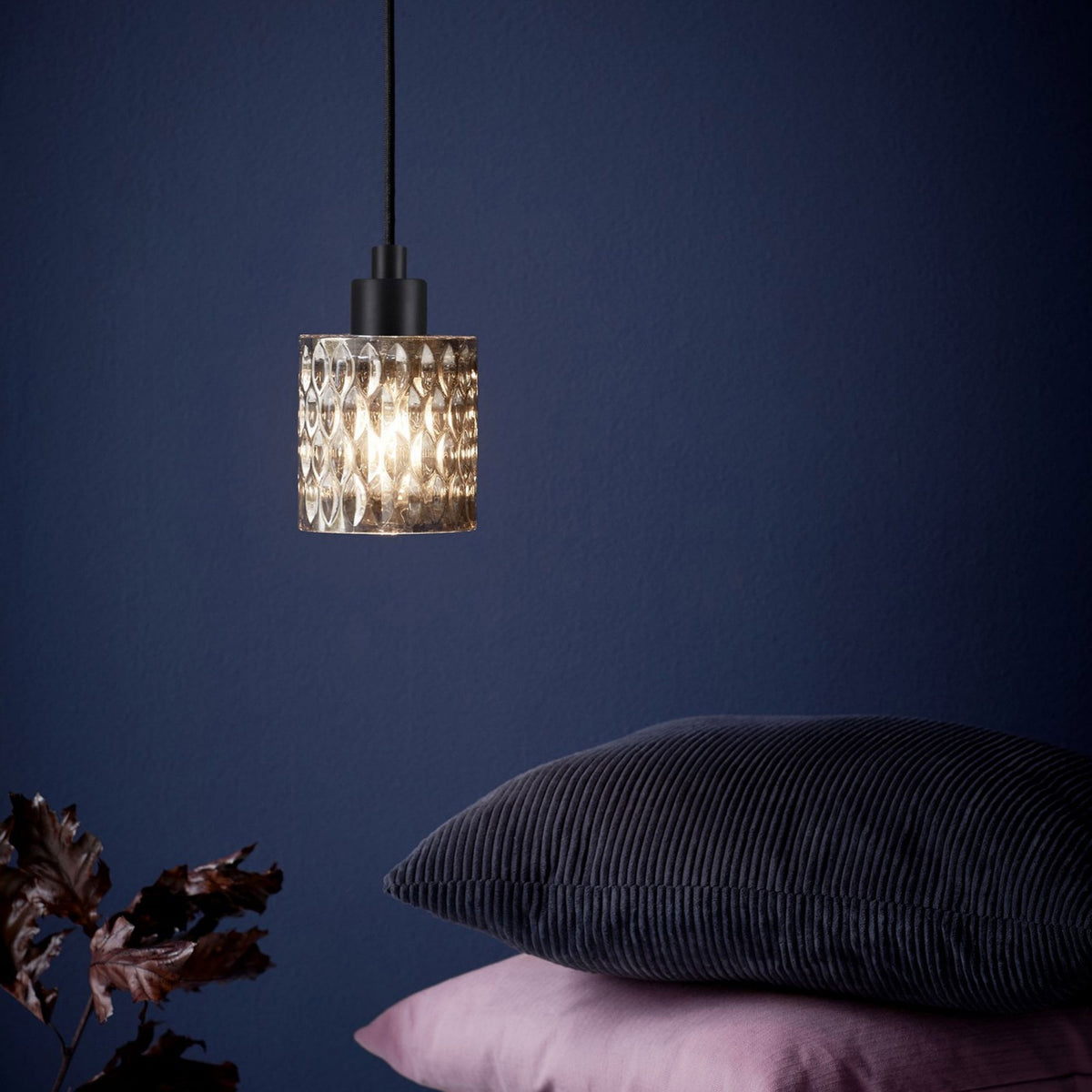 Hollywood Black Pendant with Textured Smoked Glass Shade