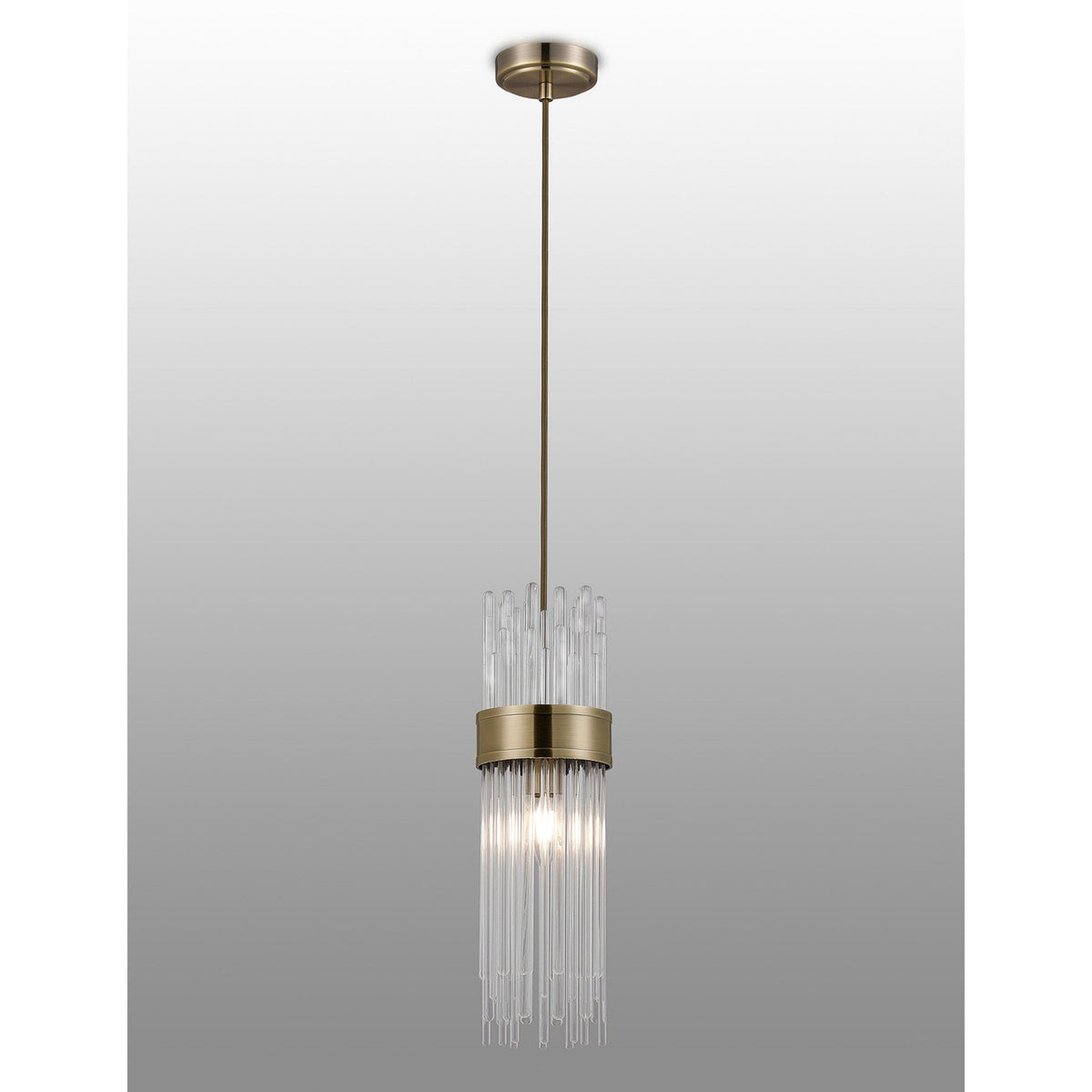 Clevedon IP44 Single Drop Pendant in Antique Brass with Clear Glass Rods