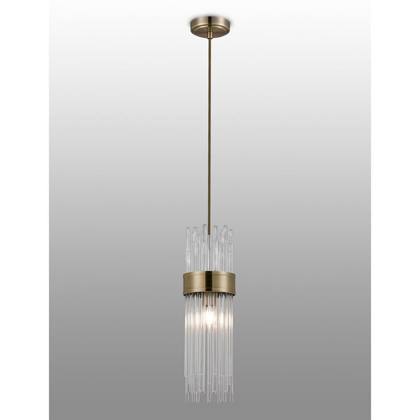 Clevedon IP44 Single Drop Pendant in Antique Brass with Clear Glass Rods