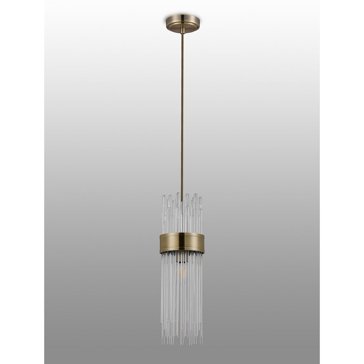 Clevedon IP44 Single Drop Pendant in Antique Brass with Clear Glass Rods