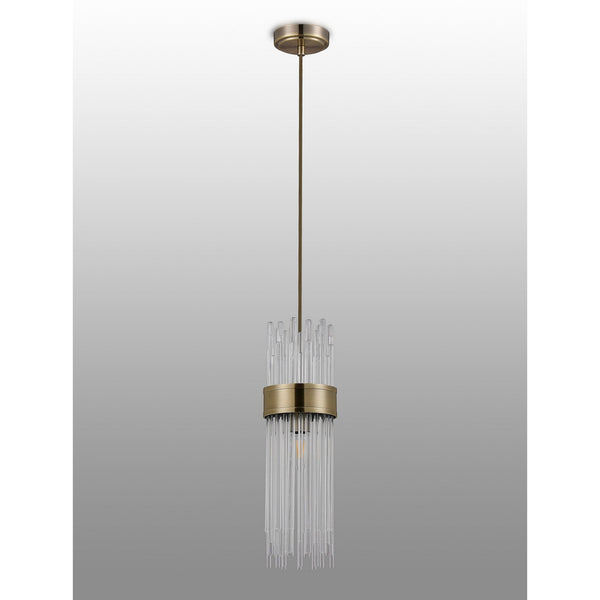 Clevedon IP44 Single Drop Pendant in Antique Brass with Clear Glass Rods