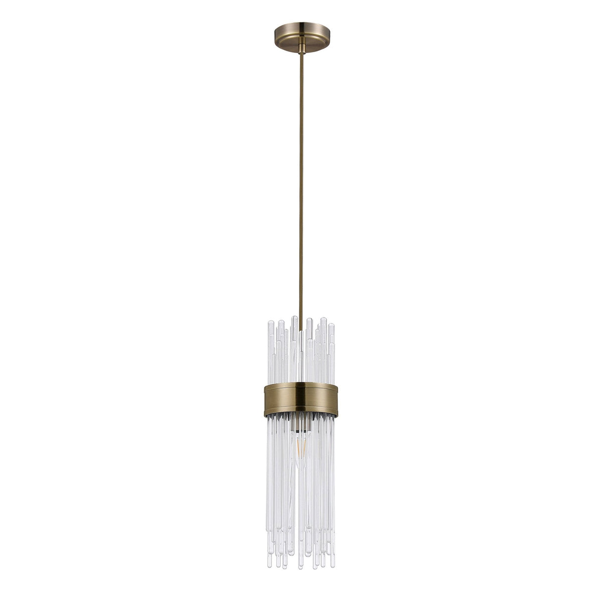 Clevedon IP44 Single Drop Pendant in Antique Brass with Clear Glass Rods