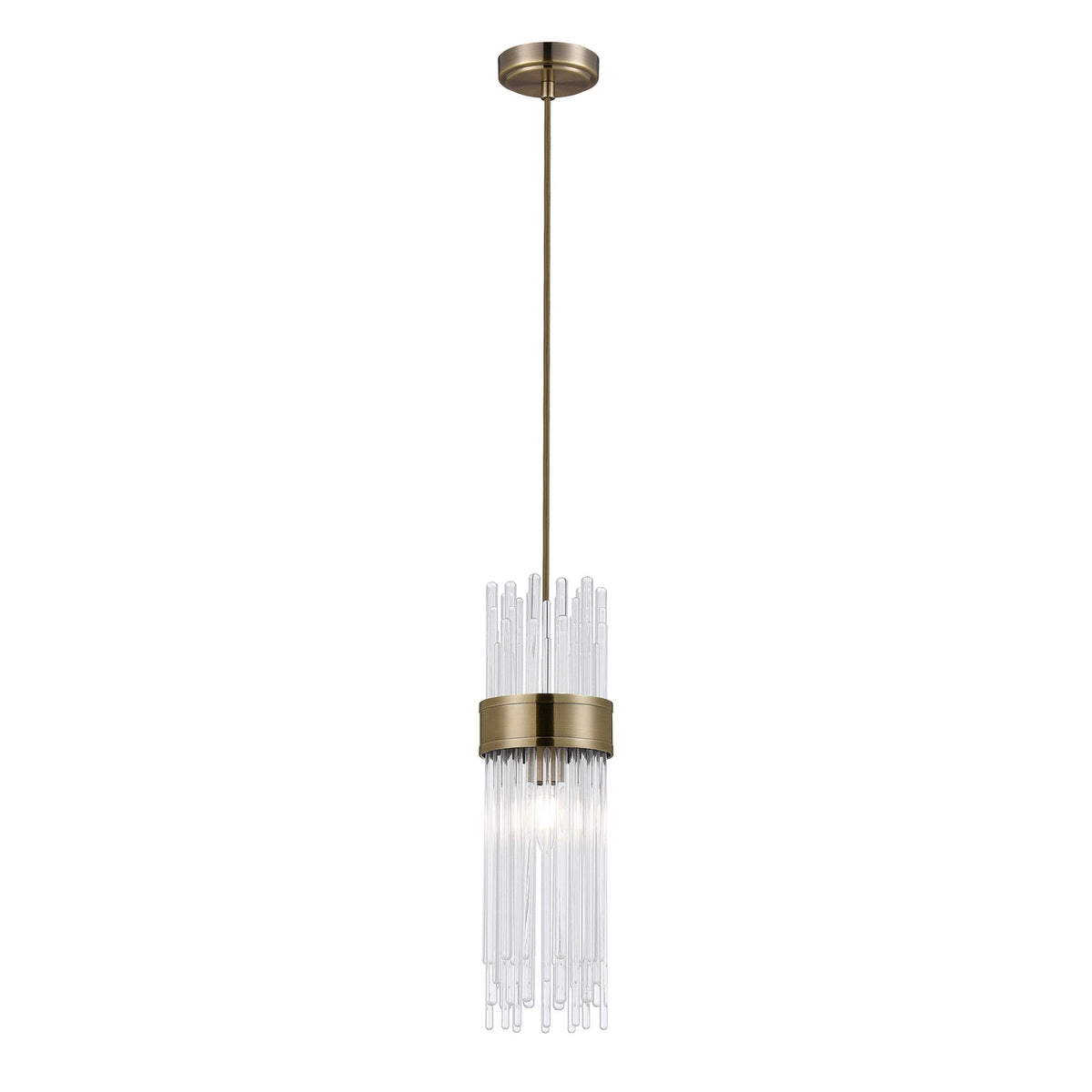 Clevedon IP44 Single Drop Pendant in Antique Brass with Clear Glass Rods