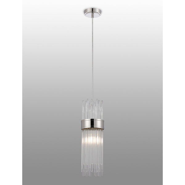 Clevedon IP44 Single Drop Pendant in Polished Nickel with Clear Glass Rods