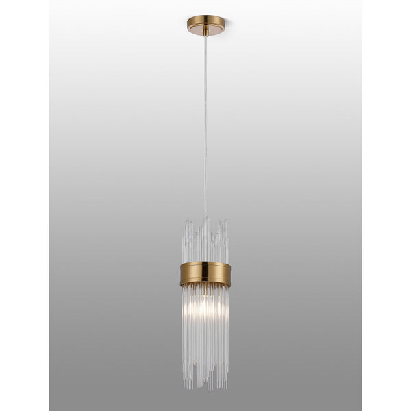 Clevedon IP44 Single Drop Pendant in Gold with Clear Glass Rods
