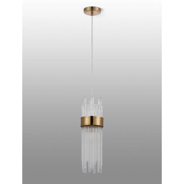 Clevedon IP44 Single Drop Pendant in Gold with Clear Glass Rods