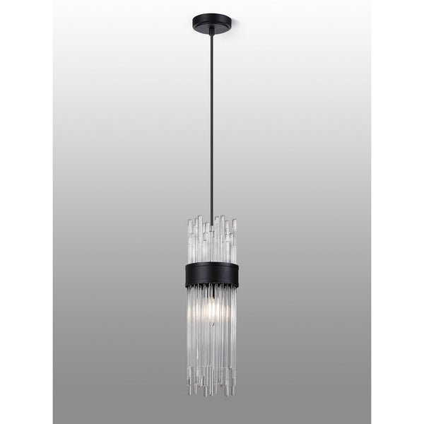 Clevedon IP44 Single Drop Pendant in Satin Black with Clear Glass Rods