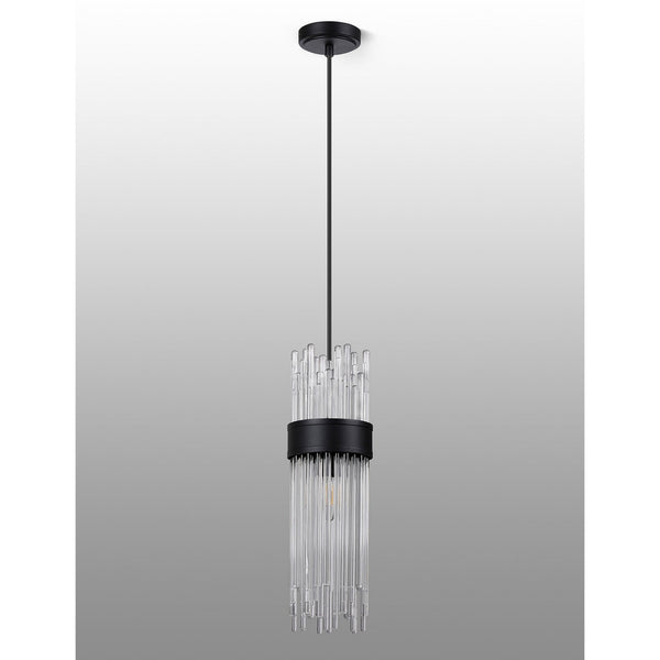 Clevedon IP44 Single Drop Pendant in Satin Black with Clear Glass Rods