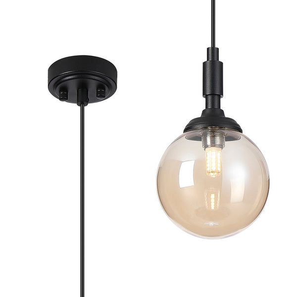 Loughton IP44 Single Drop Pendant in Satin Black with Smooth Round Glass Amber Diffuser