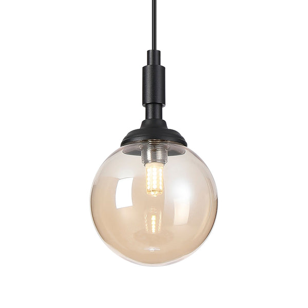 Loughton IP44 Single Drop Pendant in Satin Black with Smooth Round Glass Amber Diffuser