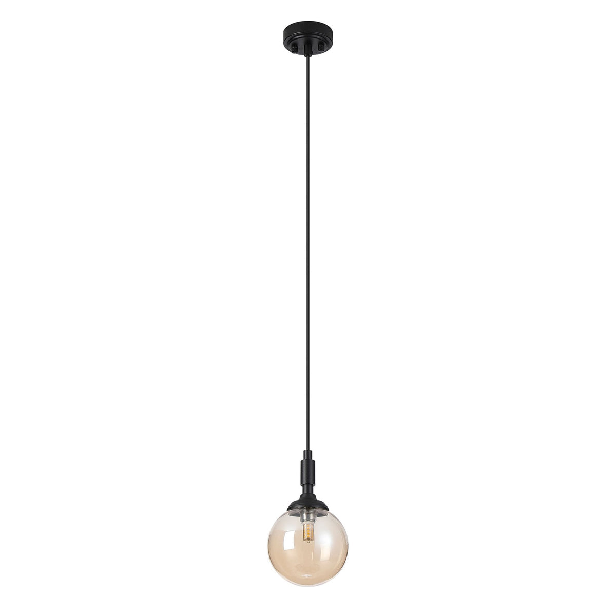 Loughton IP44 Single Drop Pendant in Satin Black with Smooth Round Glass Amber Diffuser