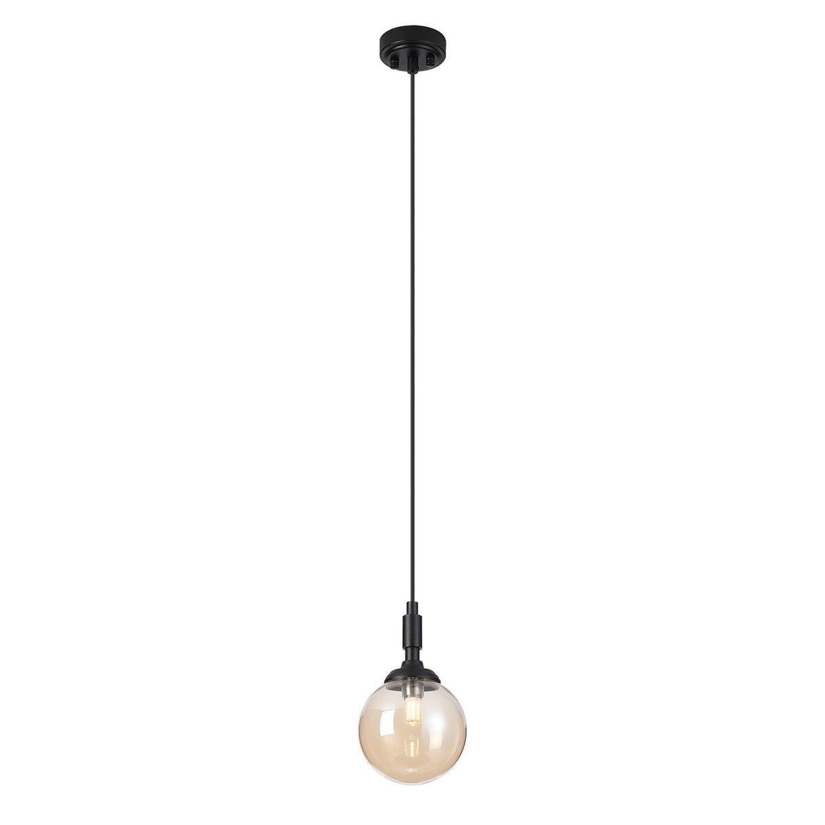 Loughton IP44 Single Drop Pendant in Satin Black with Smooth Round Glass Amber Diffuser