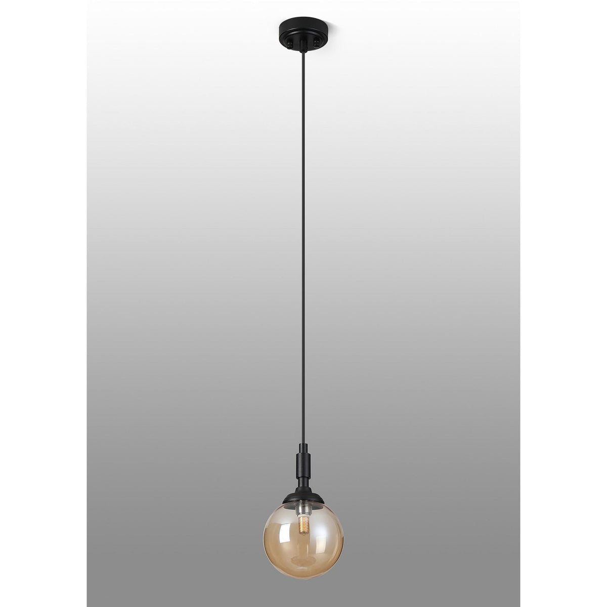 Loughton IP44 Single Drop Pendant in Satin Black with Smooth Round Glass Amber Diffuser