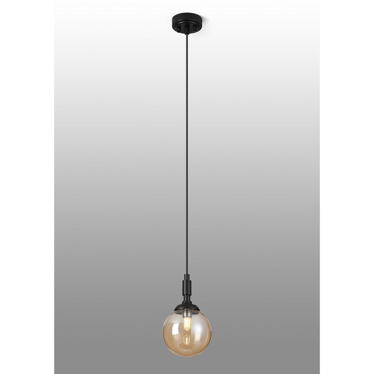 Loughton IP44 Single Drop Pendant in Satin Black with Smooth Round Glass Amber Diffuser