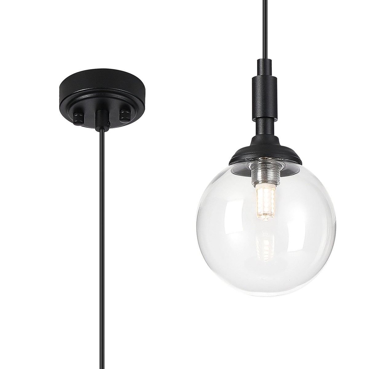 Loughton IP44 Single Drop Pendant in Satin Black with Smooth Round Glass Clear Diffuser