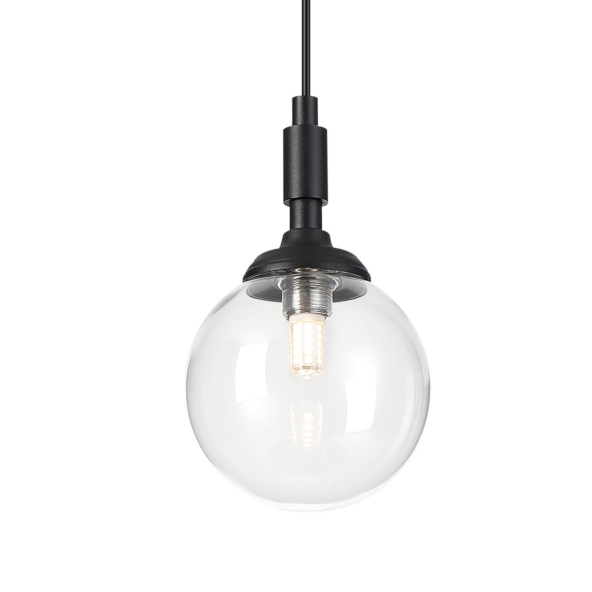 Loughton IP44 Single Drop Pendant in Satin Black with Smooth Round Glass Clear Diffuser