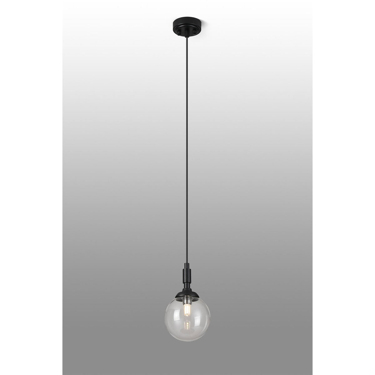Loughton IP44 Single Drop Pendant in Satin Black with Smooth Round Glass Clear Diffuser