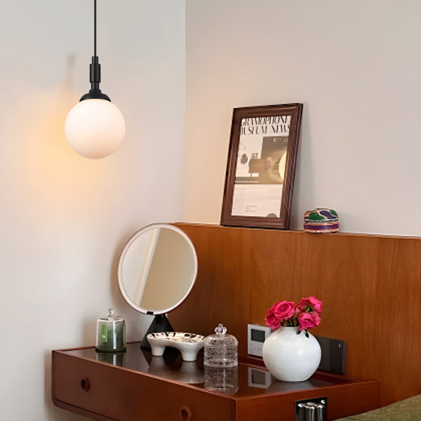 Loughton IP44 Single Drop Pendant in Satin Black with Smooth Round Glass Opal Diffuser