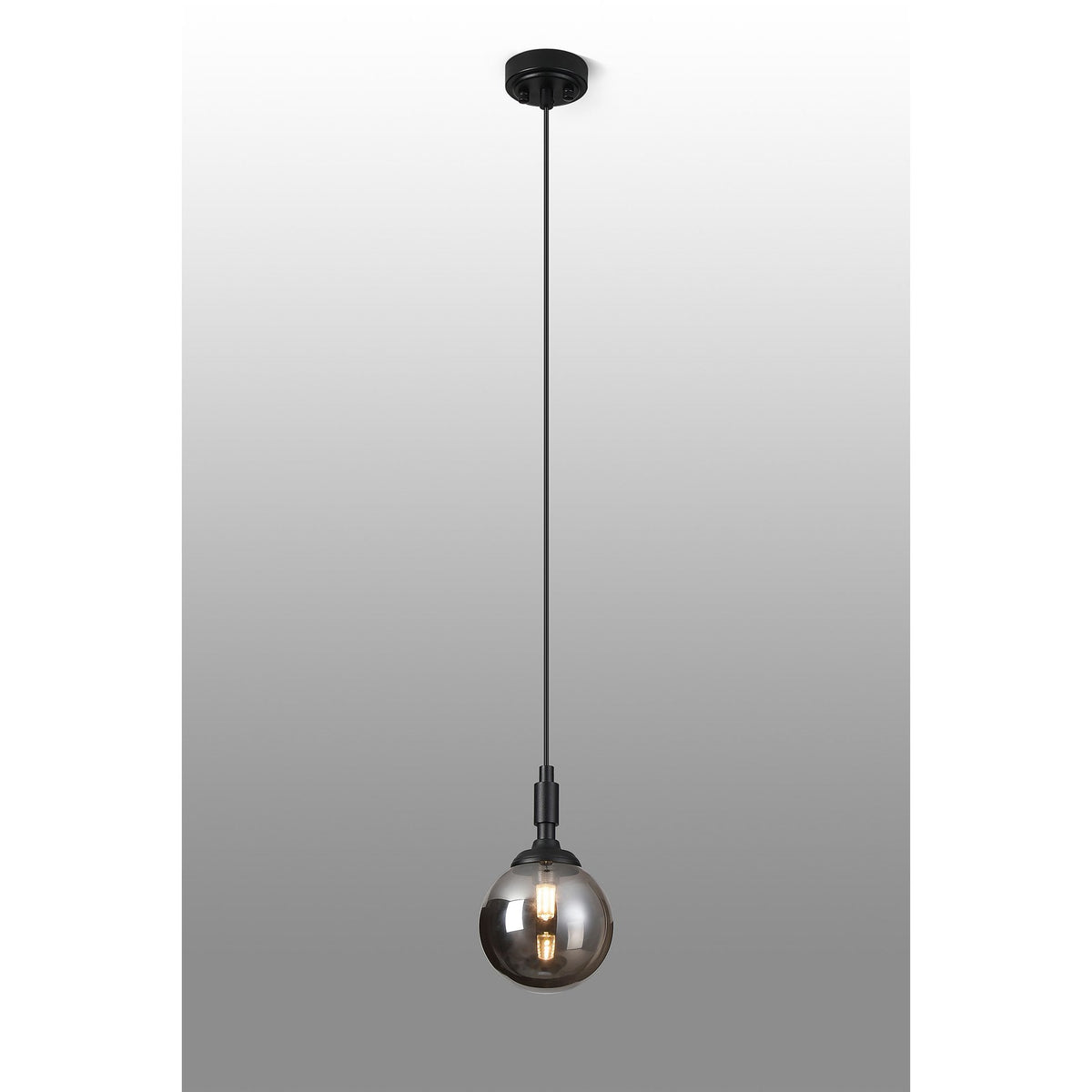 Loughton IP44 Single Drop Pendant in Satin Black with Smooth Round Glass Smoked Diffuser
