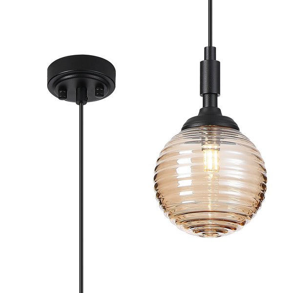Loughton IP44 Single Drop Pendant in Satin Black with Ribbed Round Glass Amber Diffuser