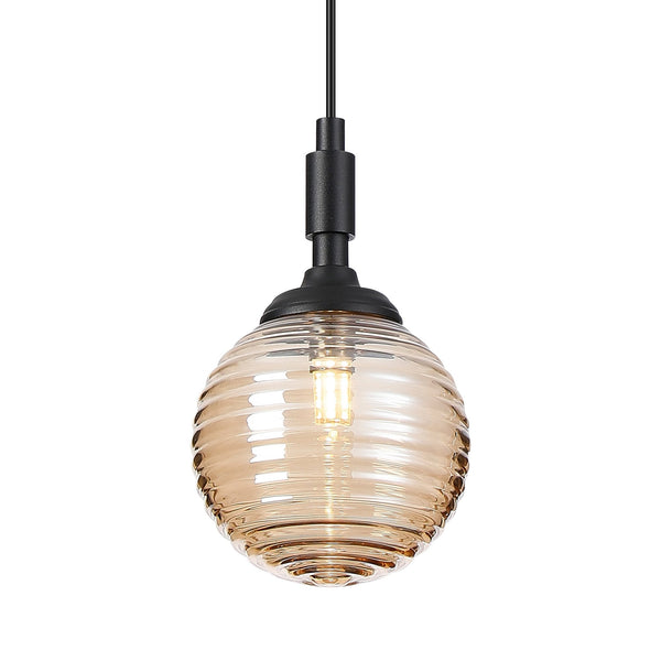 Loughton IP44 Single Drop Pendant in Satin Black with Ribbed Round Glass Amber Diffuser