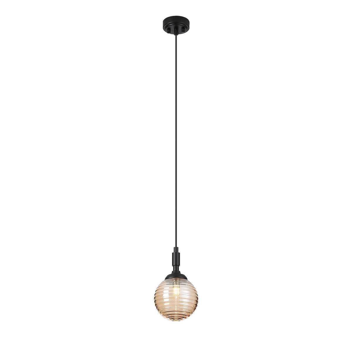 Loughton IP44 Single Drop Pendant in Satin Black with Ribbed Round Glass Amber Diffuser