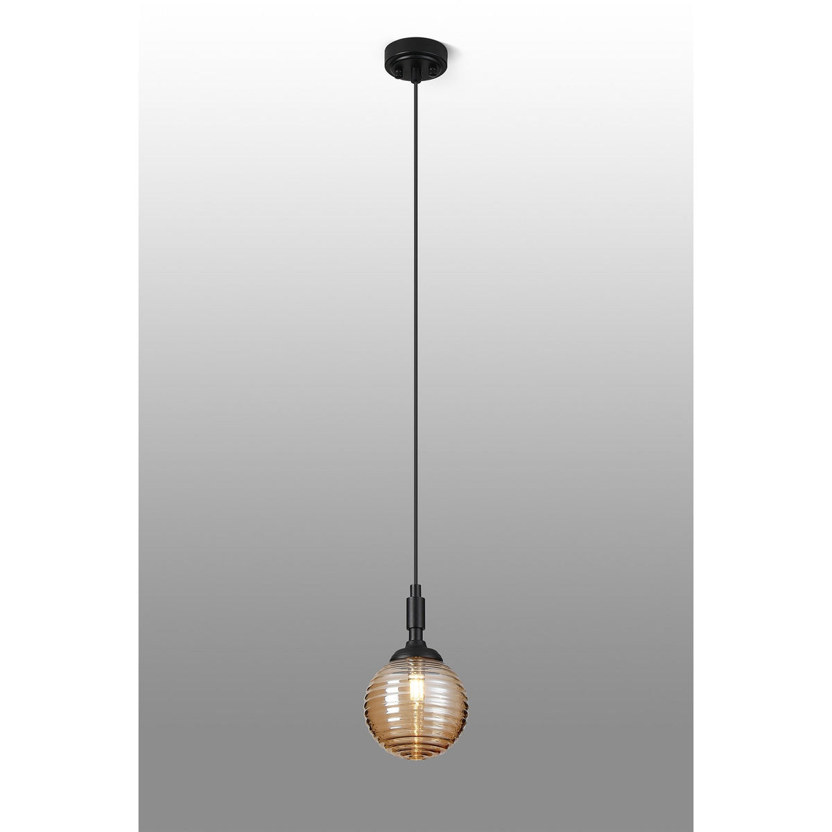 Loughton IP44 Single Drop Pendant in Satin Black with Ribbed Round Glass Amber Diffuser