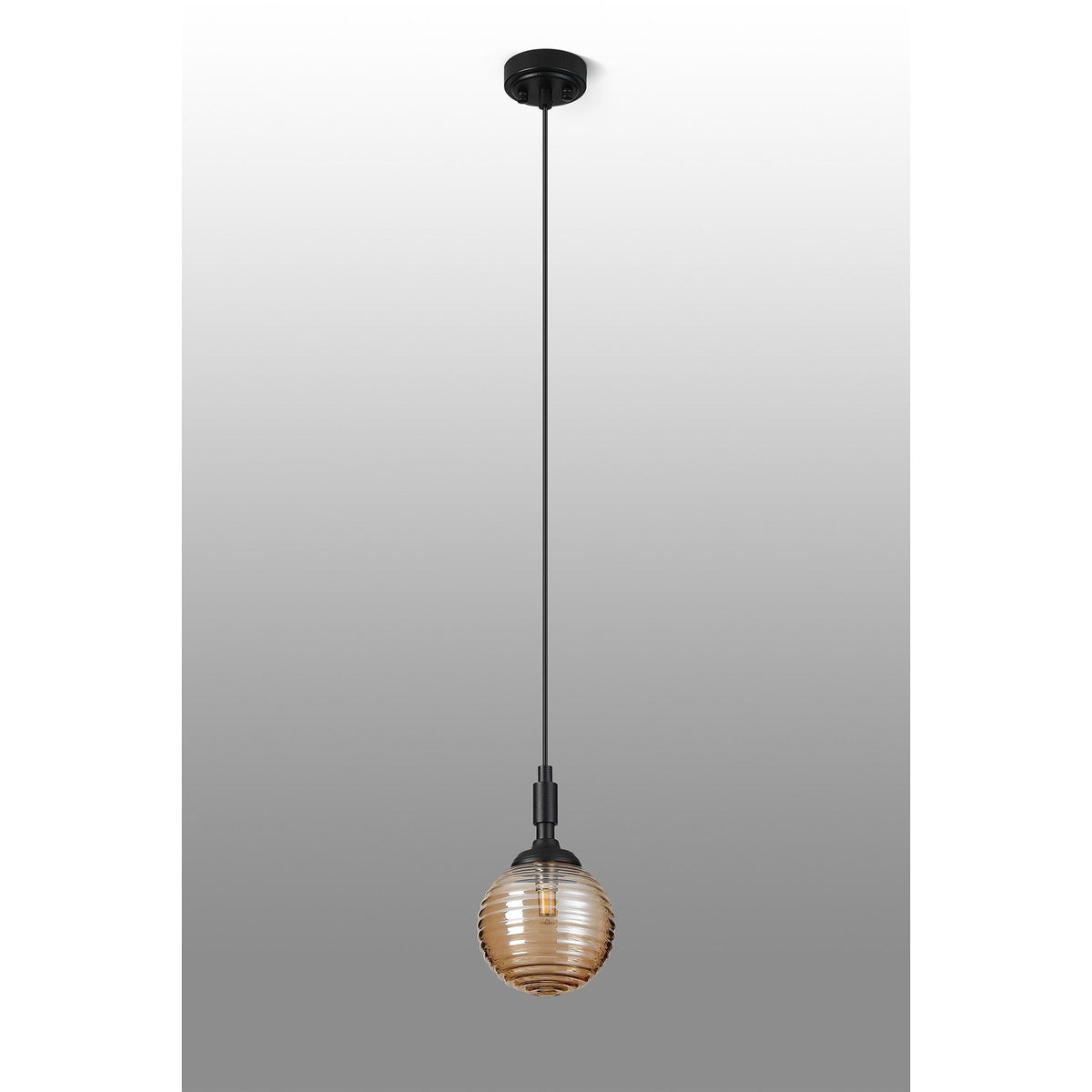 Loughton IP44 Single Drop Pendant in Satin Black with Ribbed Round Glass Amber Diffuser