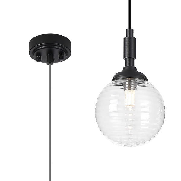 Loughton IP44 Single Drop Pendant in Satin Black with Ribbed Round Glass Clear Diffuser