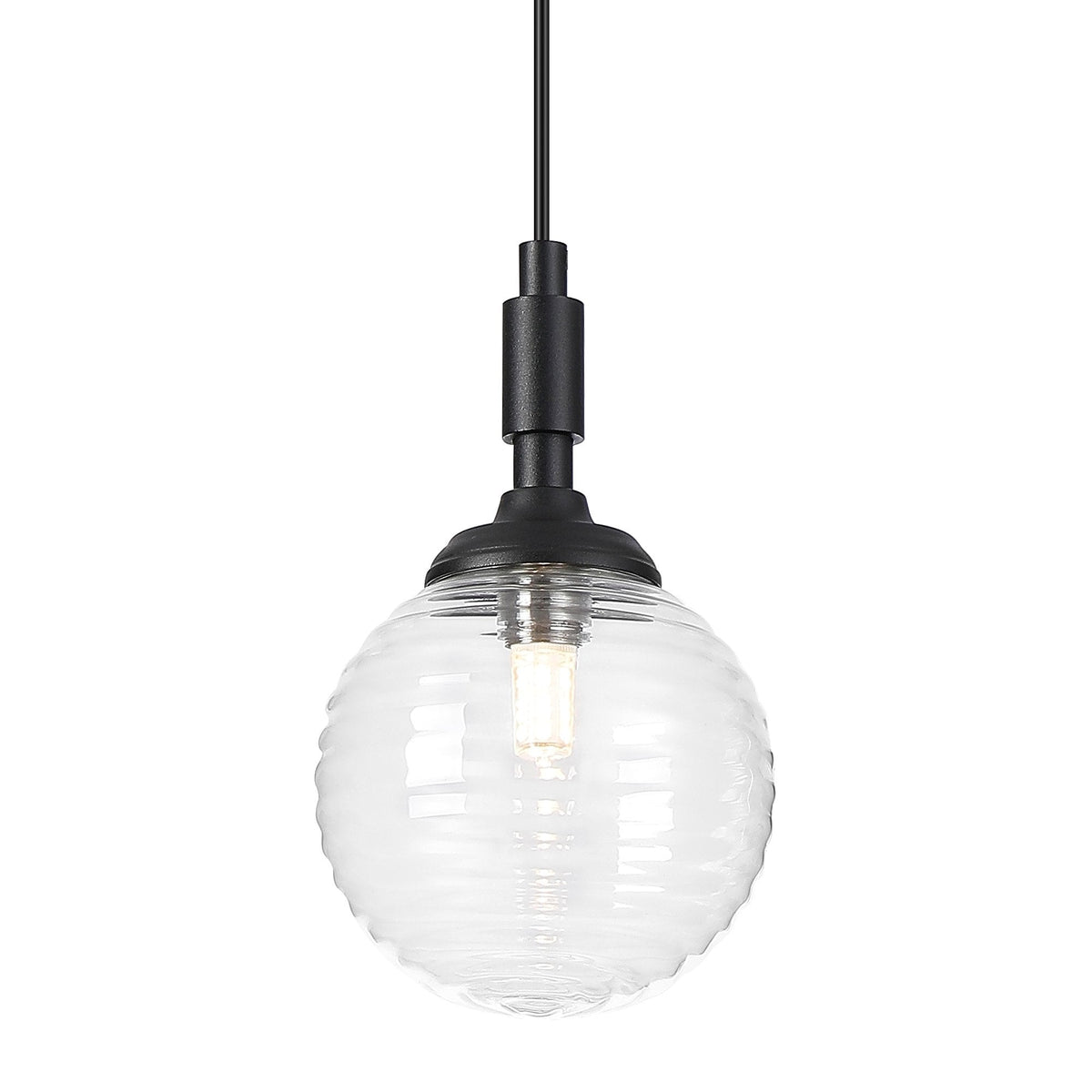 Loughton IP44 Single Drop Pendant in Satin Black with Ribbed Round Glass Clear Diffuser