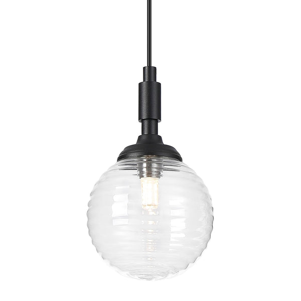 Loughton IP44 Single Drop Pendant in Satin Black with Ribbed Round Glass Clear Diffuser