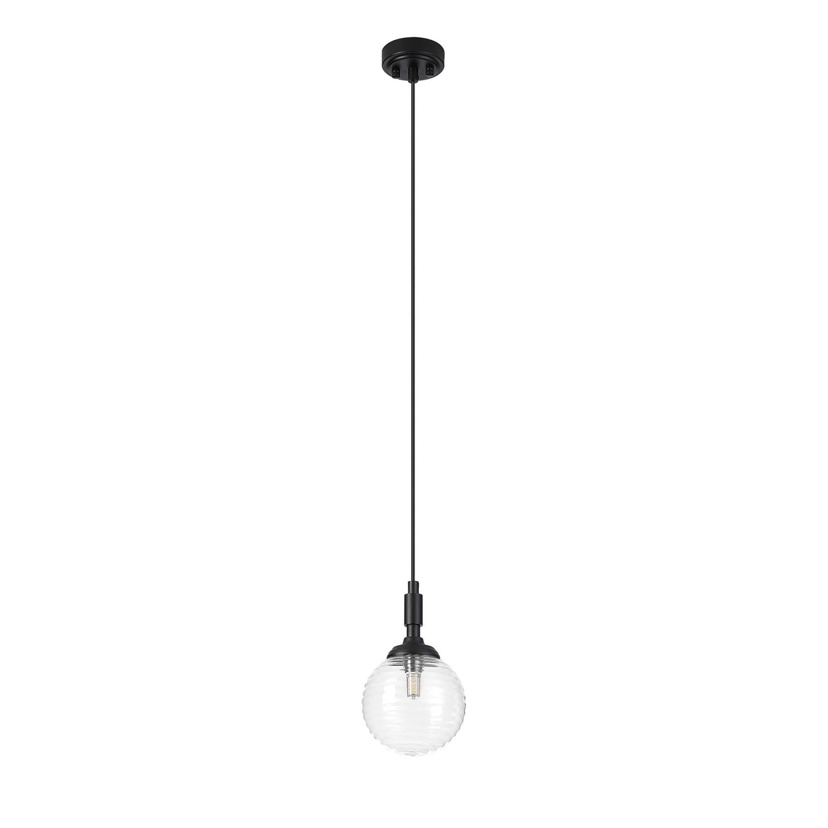 Loughton IP44 Single Drop Pendant in Satin Black with Ribbed Round Glass Clear Diffuser