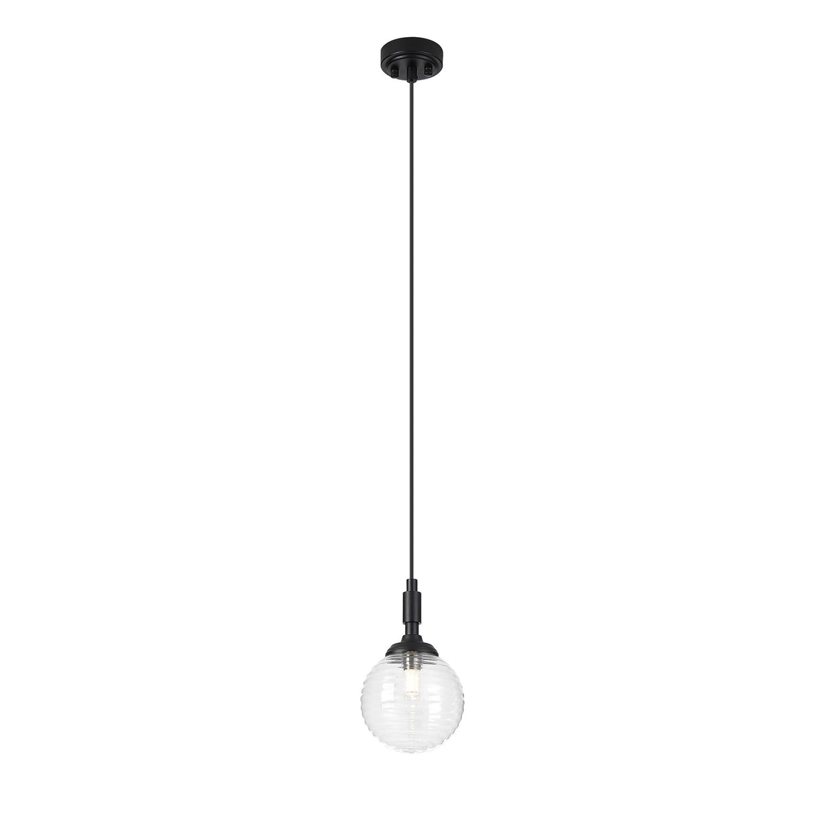 Loughton IP44 Single Drop Pendant in Satin Black with Ribbed Round Glass Clear Diffuser