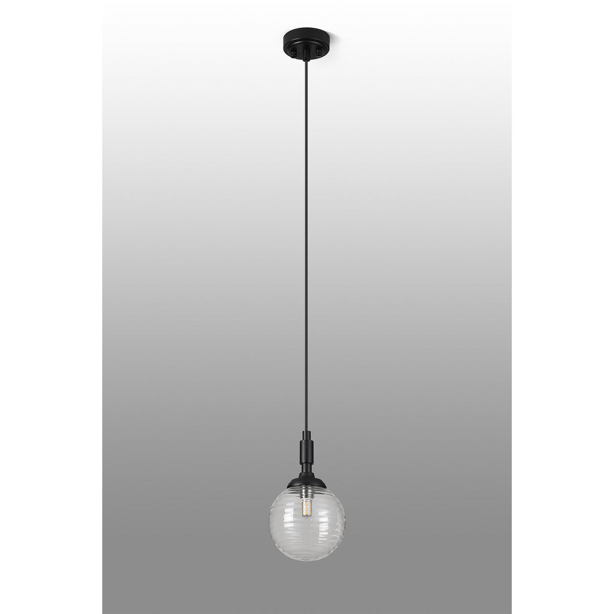 Loughton IP44 Single Drop Pendant in Satin Black with Ribbed Round Glass Clear Diffuser
