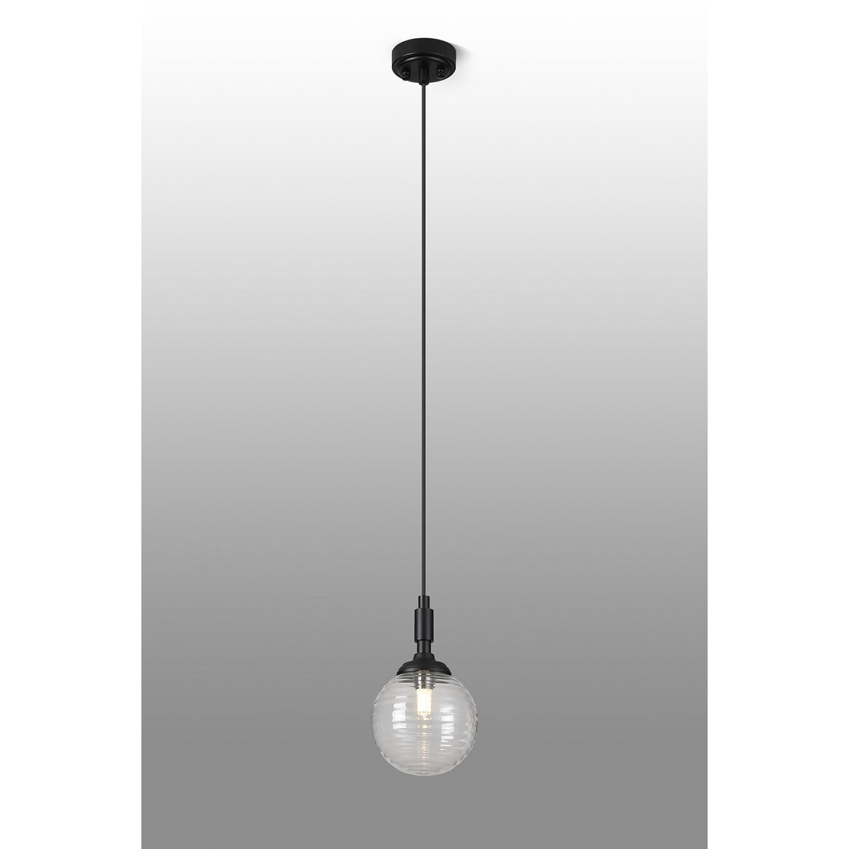 Loughton IP44 Single Drop Pendant in Satin Black with Ribbed Round Glass Clear Diffuser