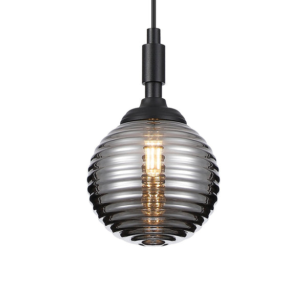 Loughton IP44 Single Drop Pendant in Satin Black with Ribbed Round Glass Smoked Diffuser