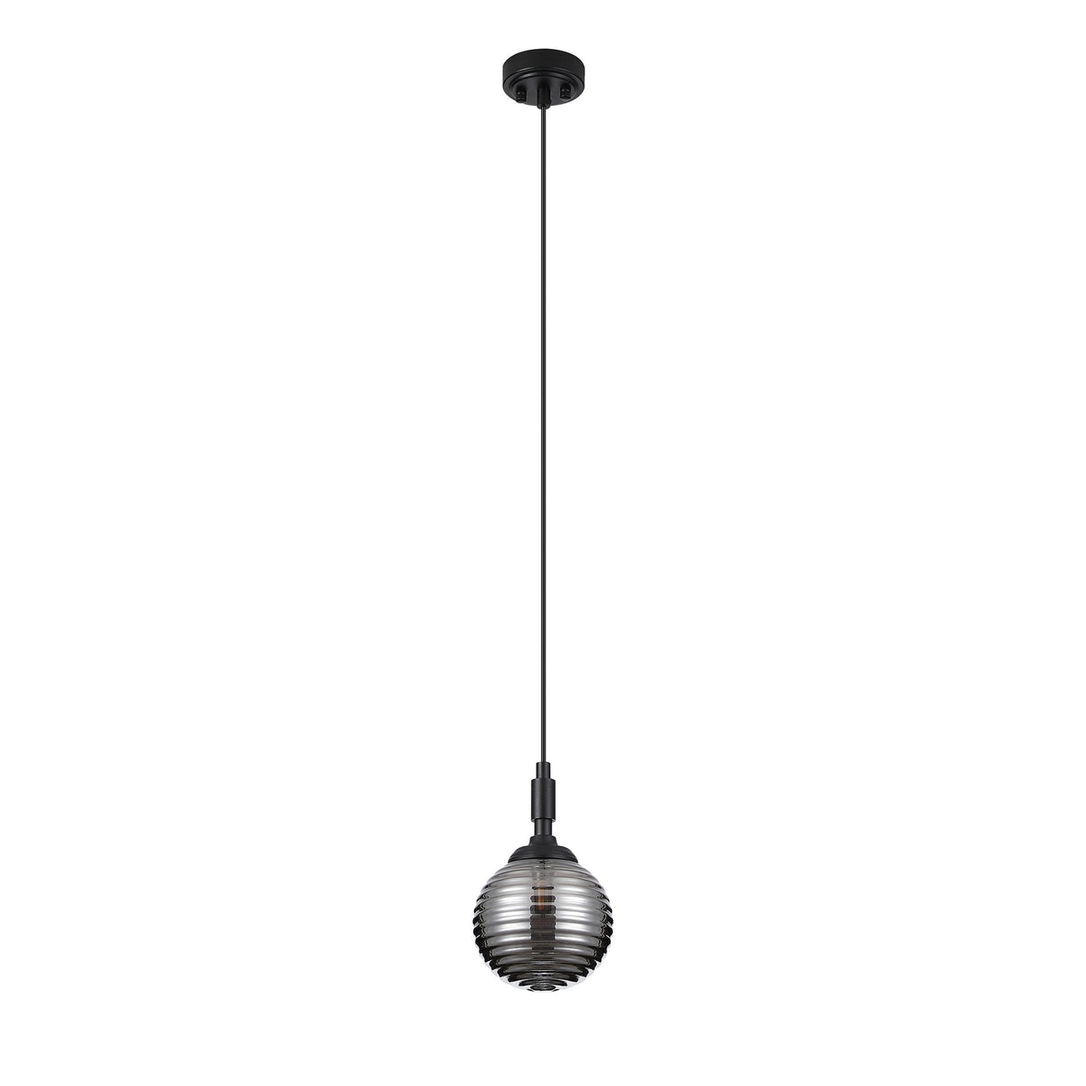 Loughton IP44 Single Drop Pendant in Satin Black with Ribbed Round Glass Smoked Diffuser