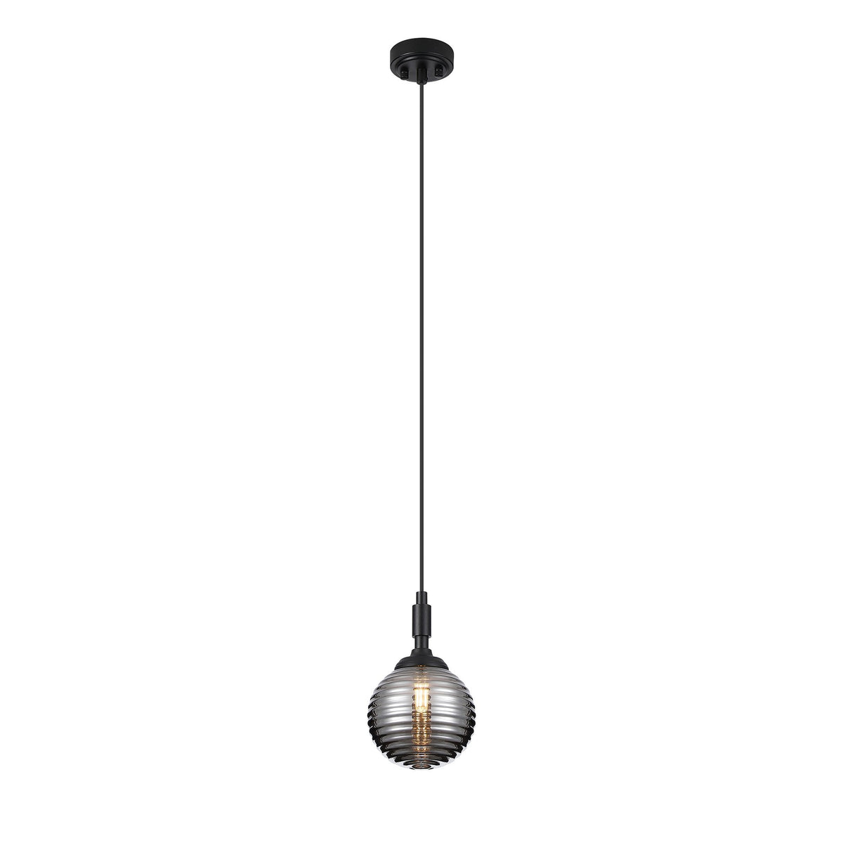 Loughton IP44 Single Drop Pendant in Satin Black with Ribbed Round Glass Smoked Diffuser