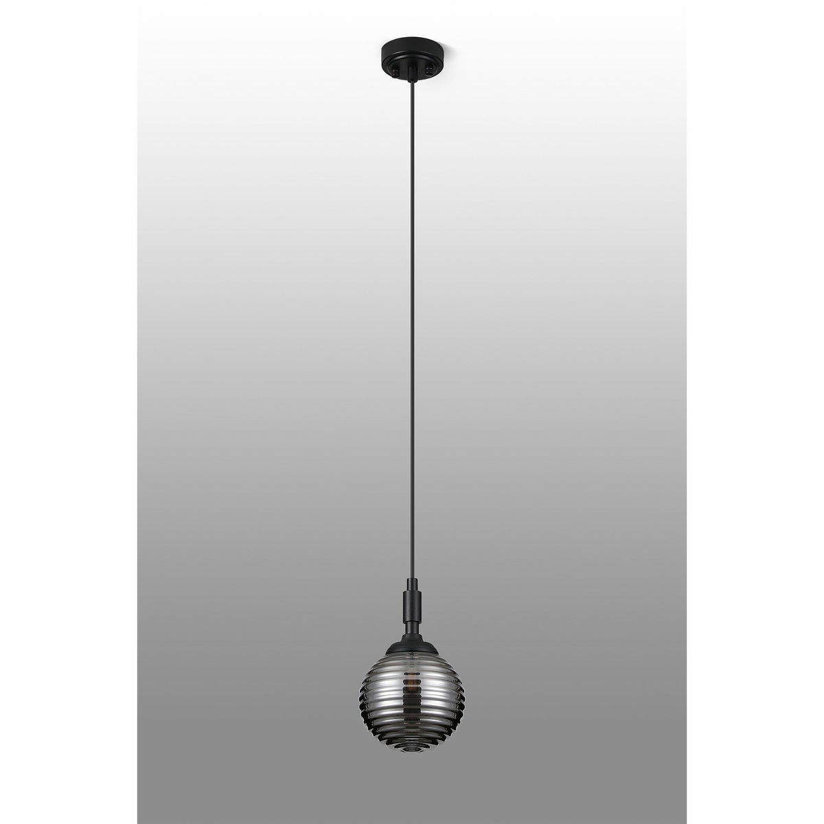 Loughton IP44 Single Drop Pendant in Satin Black with Ribbed Round Glass Smoked Diffuser