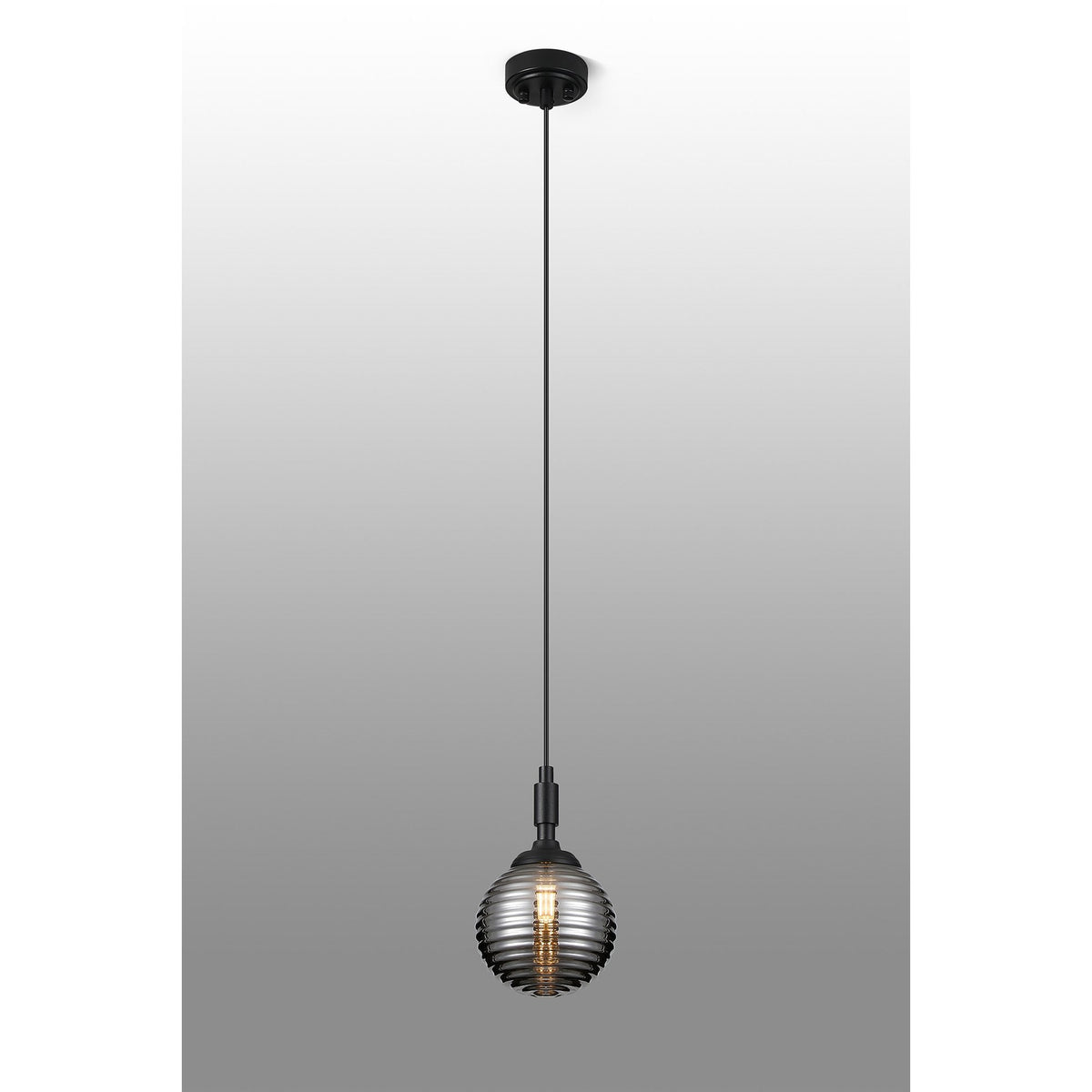 Loughton IP44 Single Drop Pendant in Satin Black with Ribbed Round Glass Smoked Diffuser