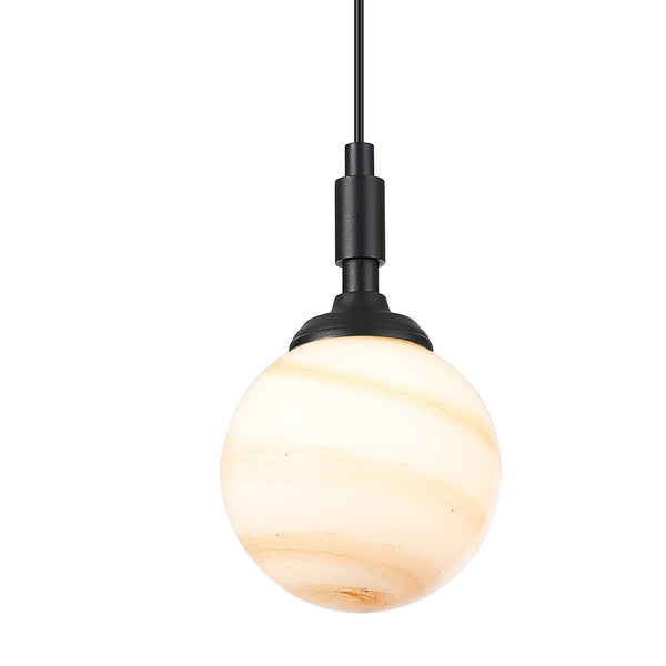 Loughton IP44 Single Drop Pendant in Satin Black with Round Glass Brown & White Marble Effect Diffuser