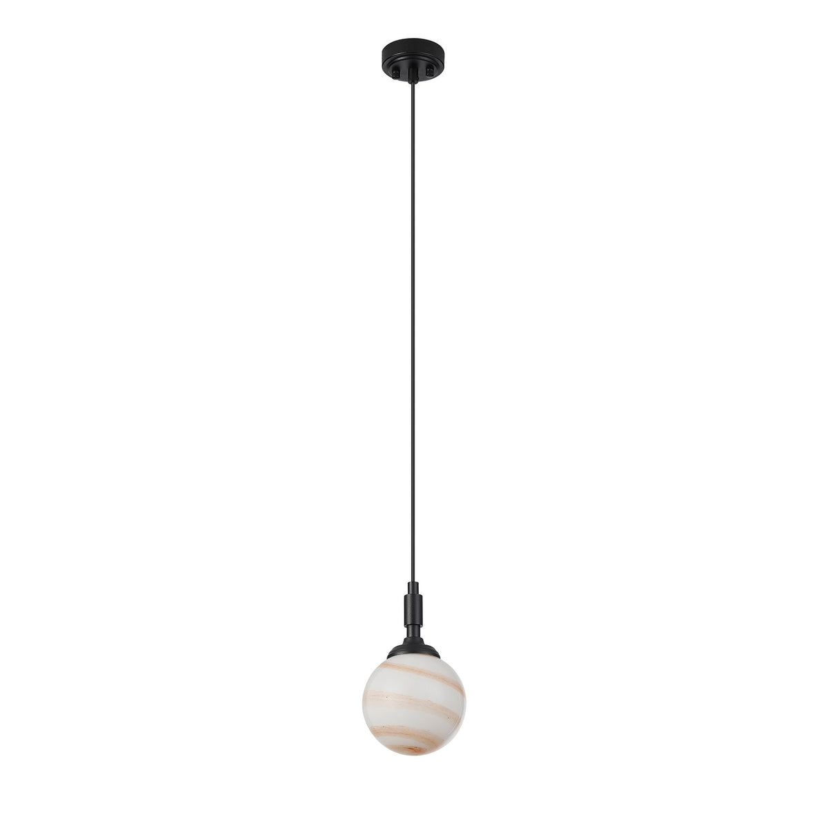 Loughton IP44 Single Drop Pendant in Satin Black with Round Glass Brown & White Marble Effect Diffuser