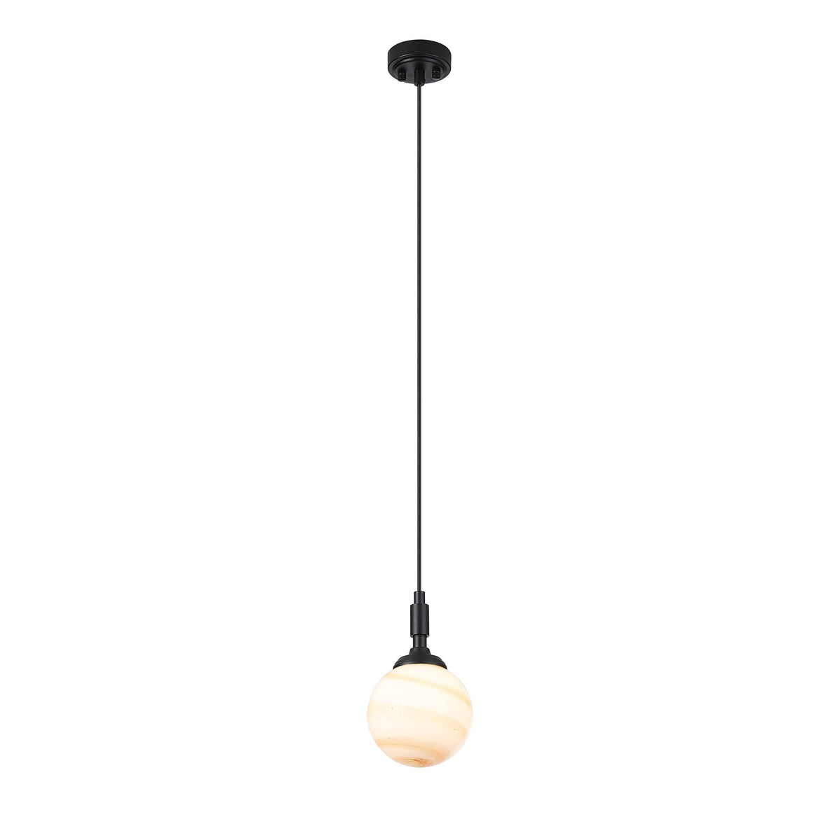 Loughton IP44 Single Drop Pendant in Satin Black with Round Glass Brown & White Marble Effect Diffuser
