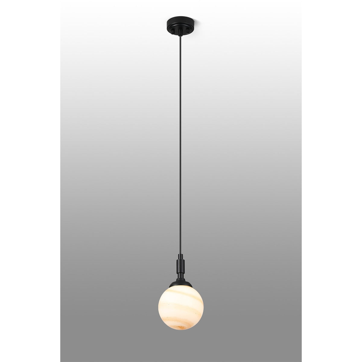 Loughton IP44 Single Drop Pendant in Satin Black with Round Glass Brown & White Marble Effect Diffuser