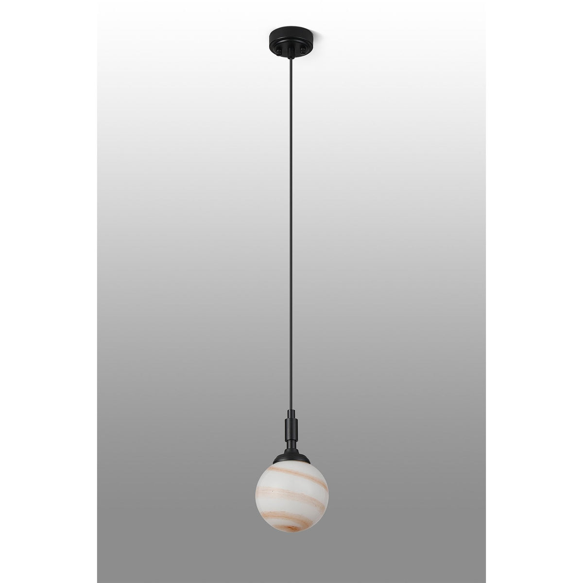 Loughton IP44 Single Drop Pendant in Satin Black with Round Glass Brown & White Marble Effect Diffuser