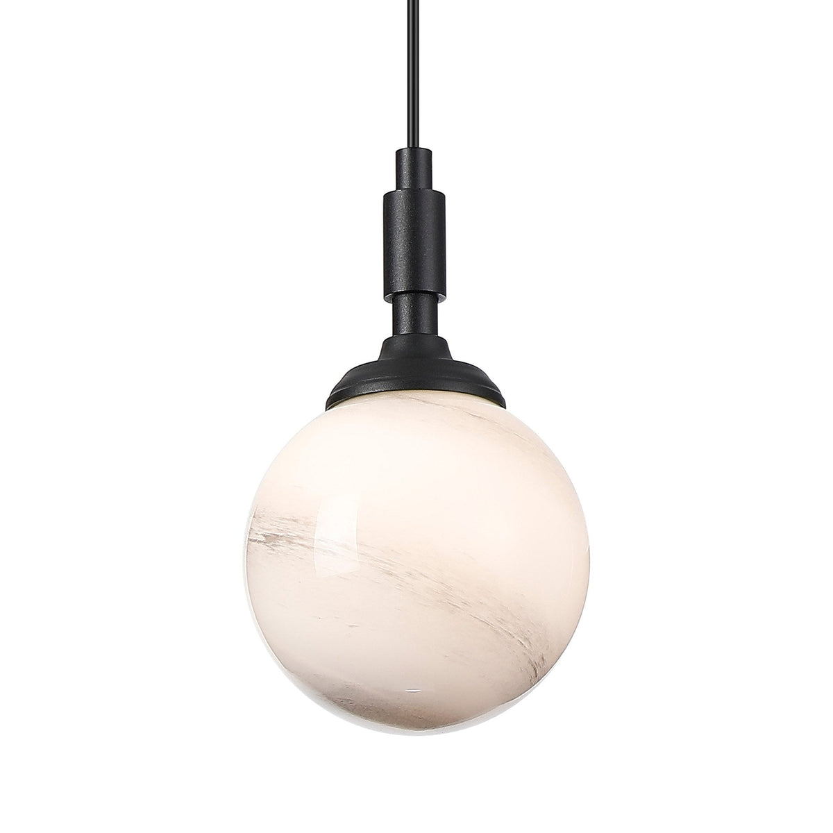 Loughton IP44 Single Drop Pendant in Satin Black with Round Glass Grey & White Marble Effect Diffuser